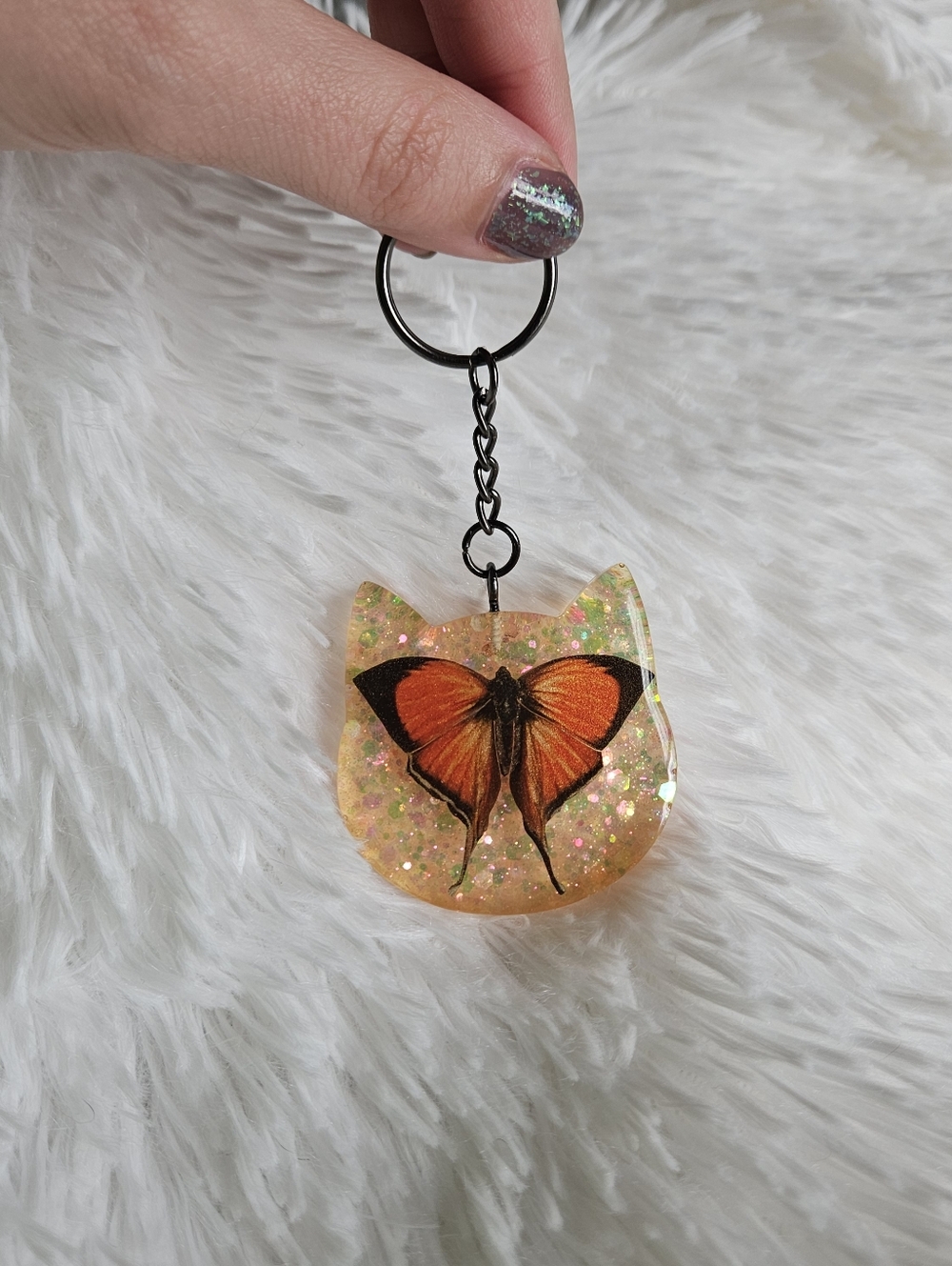 Handmade Orange Butterfly & Glitter Cat Shaped Resin Keychain